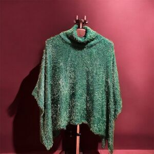 Rachel Zoe Teal Green Fuzzy Poncho One Size Cowl Turtle Neck Eyelash Sweater